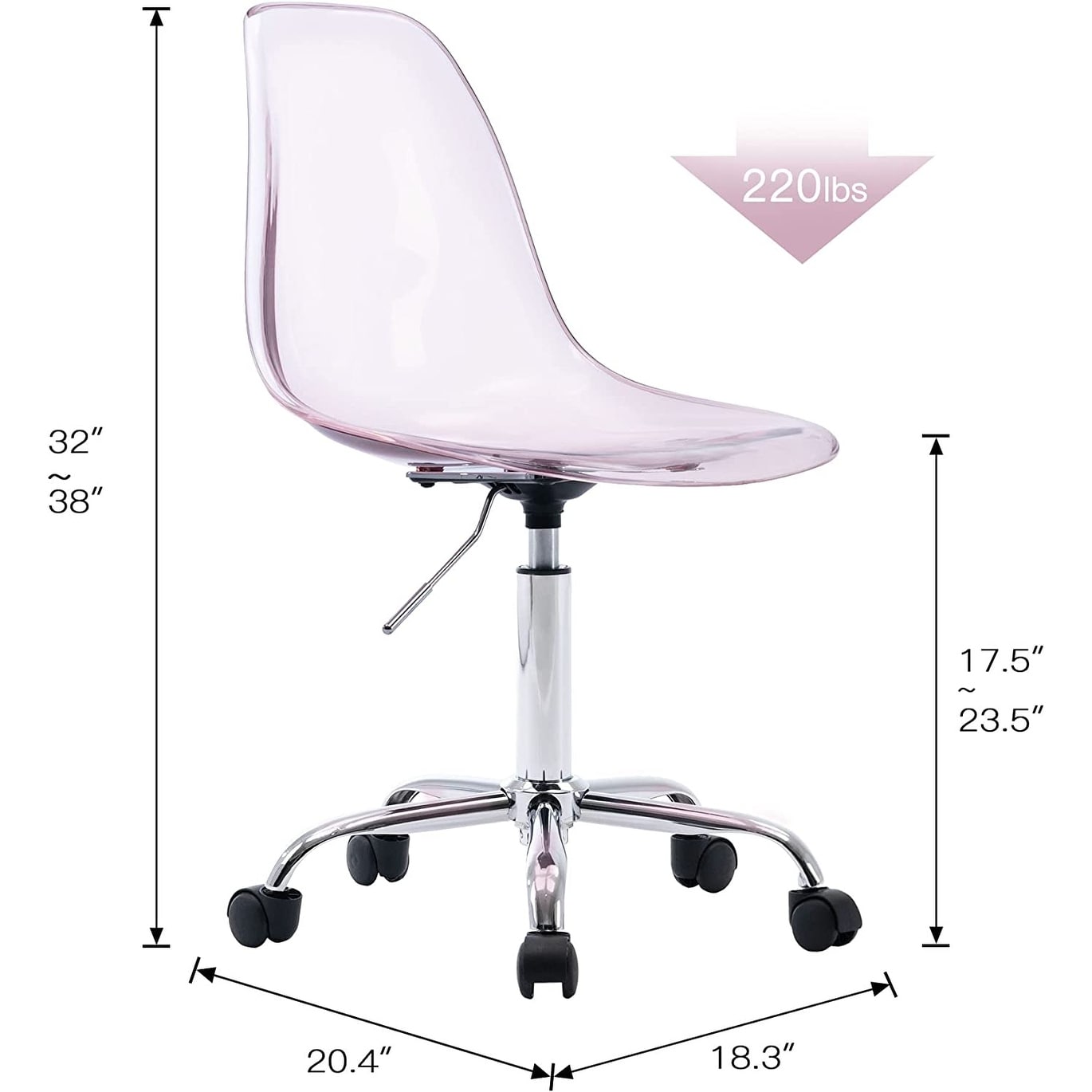 Chaise de bureau à roulettes sans accoudoirs, réglable en hauteur, en acrylique pivotant