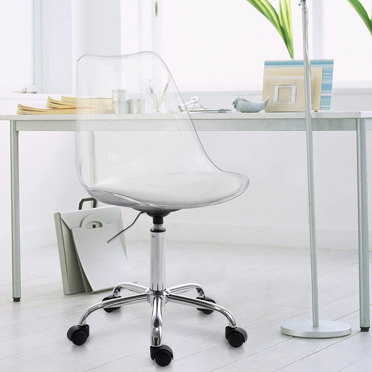 Chaise de bureau à roulettes sans accoudoirs, réglable en hauteur, en acrylique pivotant