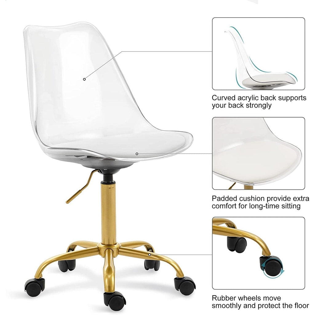 Chaise de bureau à roulettes sans accoudoirs, réglable en hauteur, en acrylique pivotant
