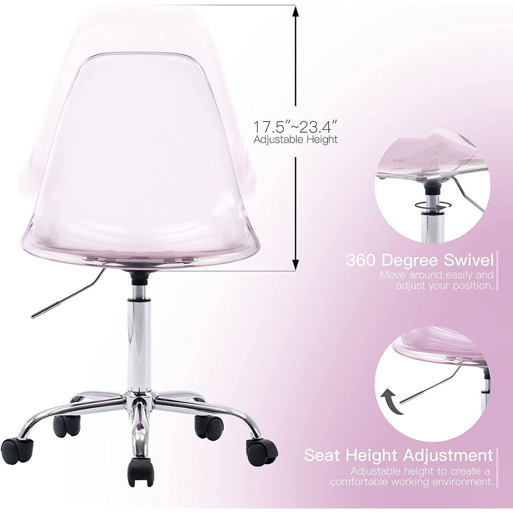 Chaise de bureau à roulettes sans accoudoirs, réglable en hauteur, en acrylique pivotant