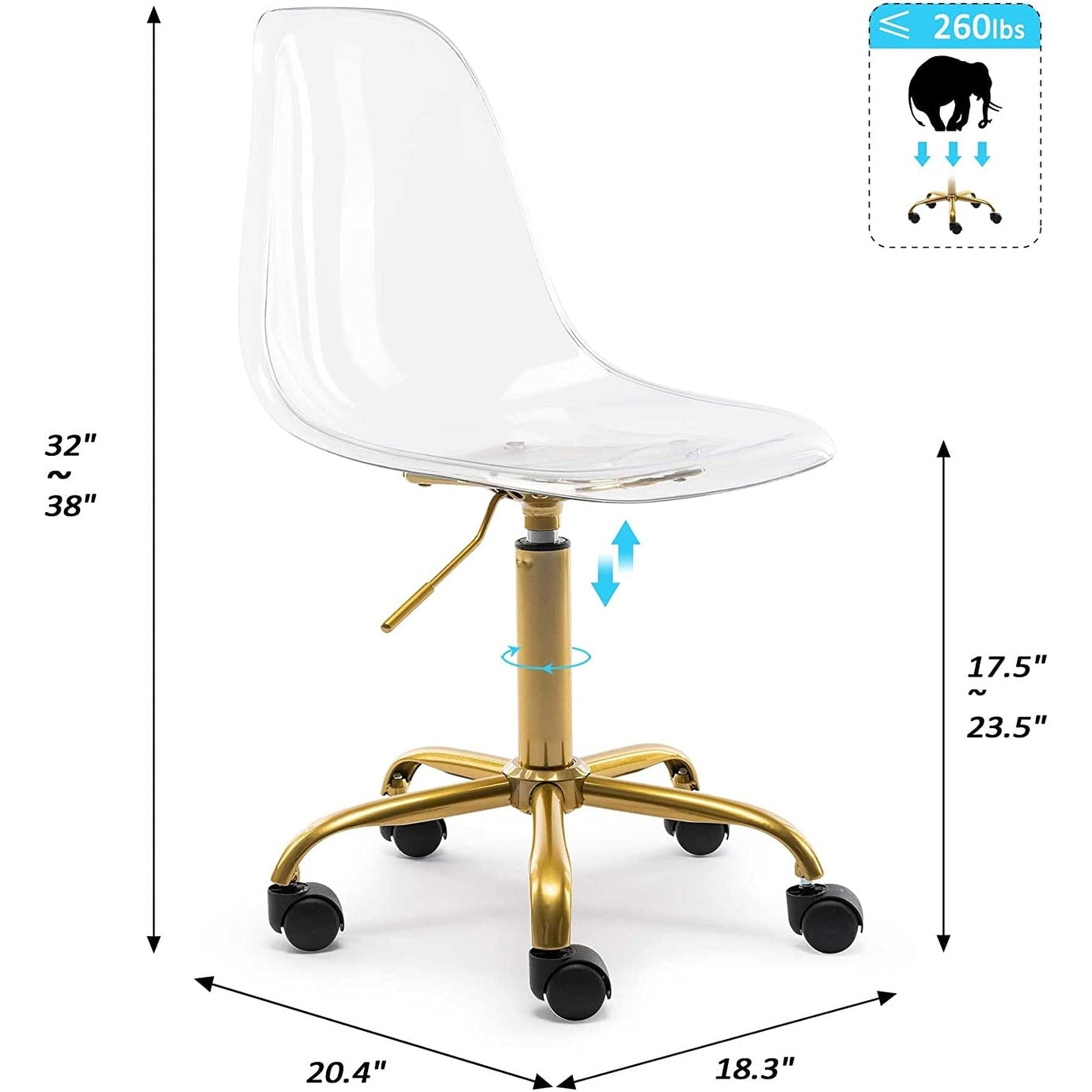 Chaise de bureau à roulettes sans accoudoirs, réglable en hauteur, en acrylique pivotant