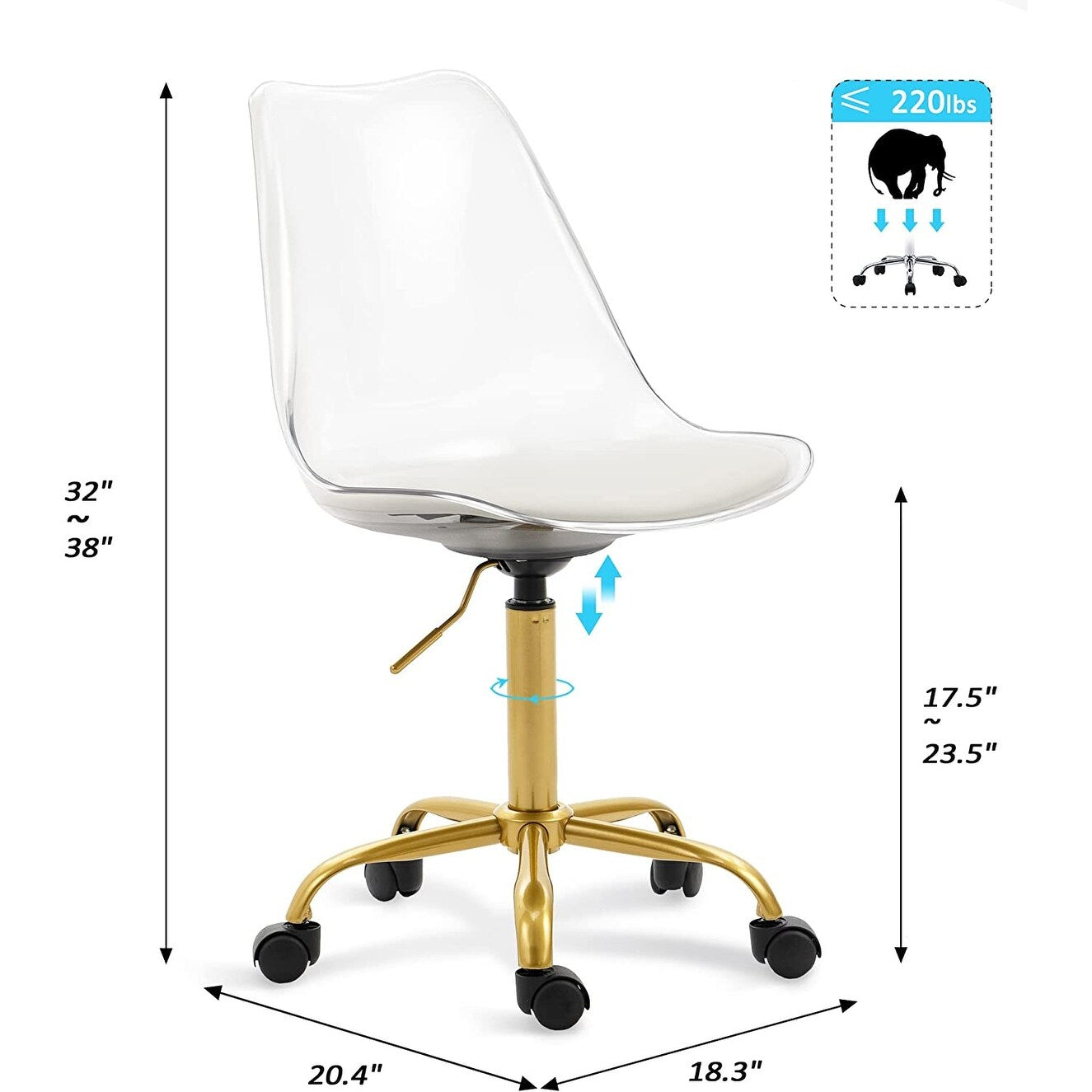 Chaise de bureau à roulettes sans accoudoirs, réglable en hauteur, en acrylique pivotant