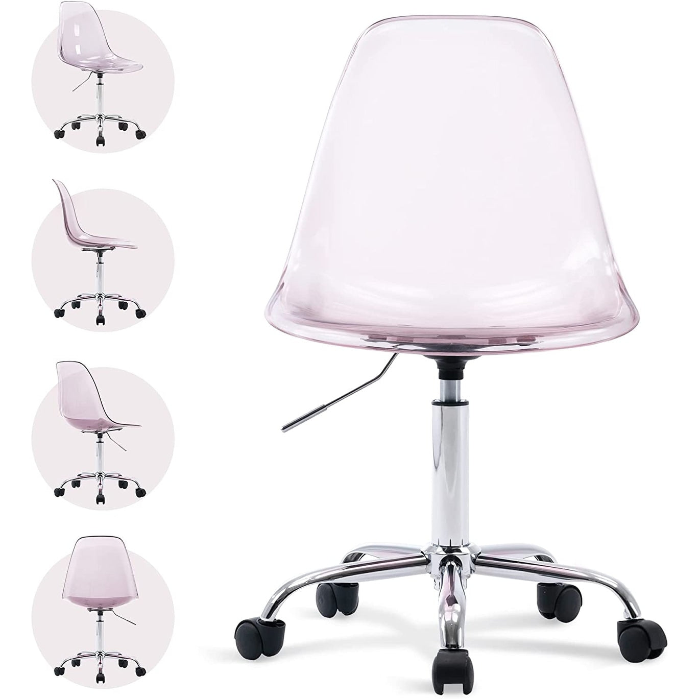 Chaise de bureau à roulettes sans accoudoirs, réglable en hauteur, en acrylique pivotant
