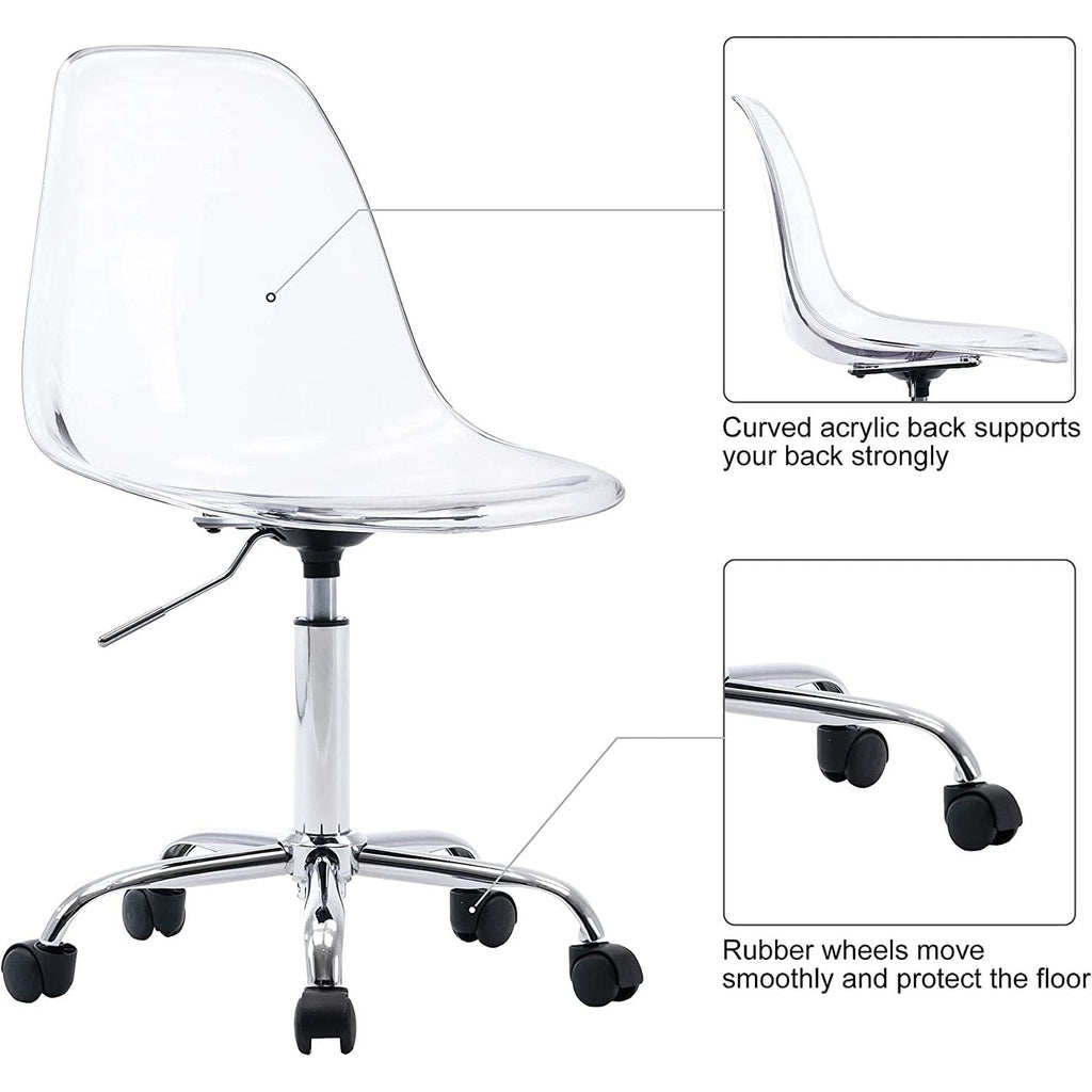 Chaise de bureau à roulettes sans accoudoirs, réglable en hauteur, en acrylique pivotant