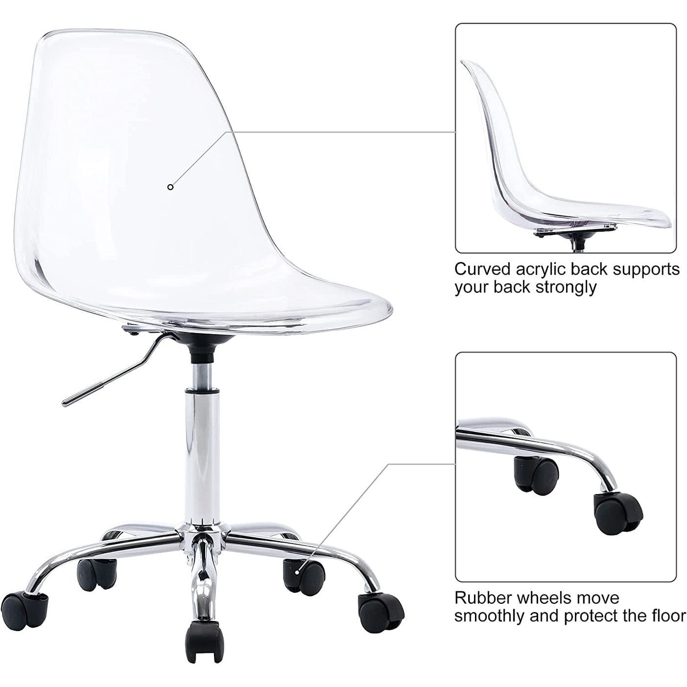 Chaise de bureau à roulettes sans accoudoirs, réglable en hauteur, en acrylique pivotant