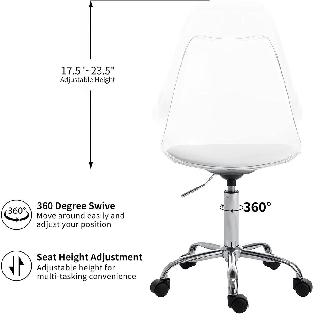Chaise de bureau à roulettes sans accoudoirs, réglable en hauteur, en acrylique pivotant
