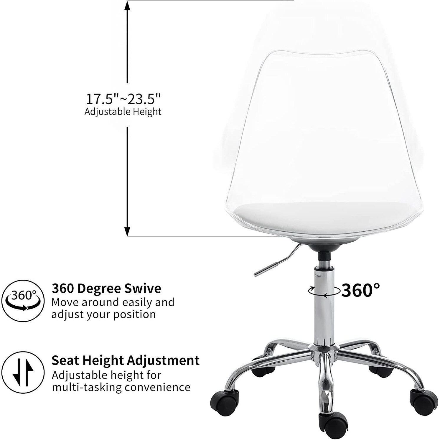 Chaise de bureau à roulettes sans accoudoirs, réglable en hauteur, en acrylique pivotant