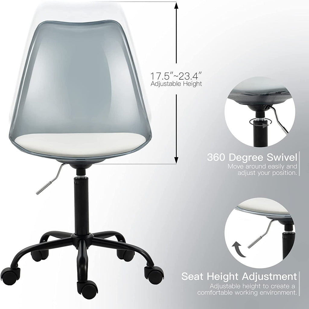 Chaise de bureau à roulettes sans accoudoirs, réglable en hauteur, en acrylique pivotant
