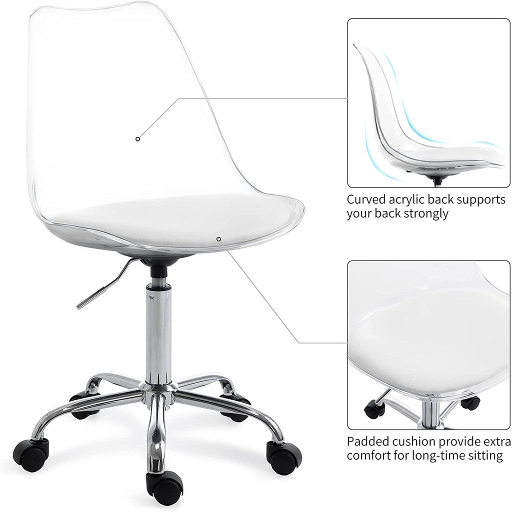 Chaise de bureau à roulettes sans accoudoirs, réglable en hauteur, en acrylique pivotant