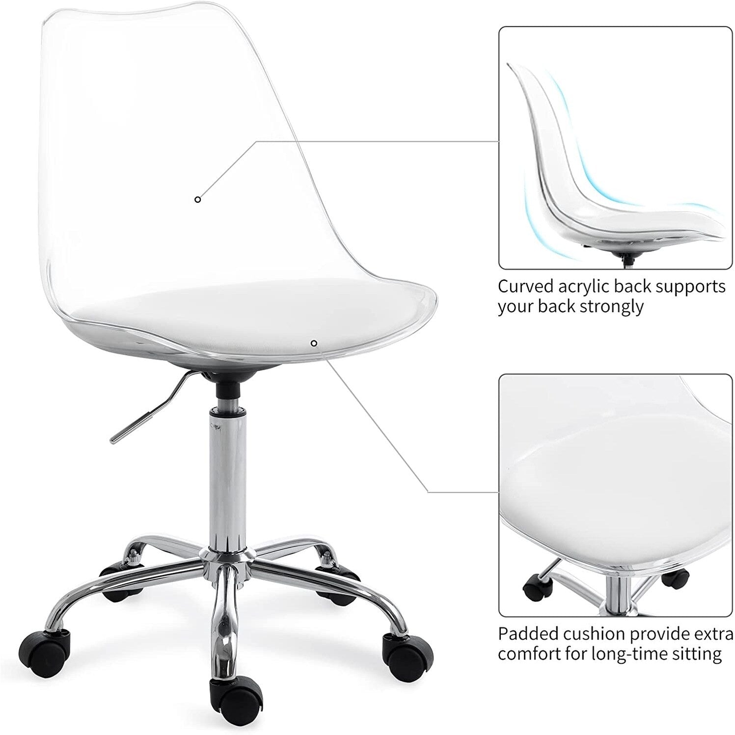 Chaise de bureau à roulettes sans accoudoirs, réglable en hauteur, en acrylique pivotant