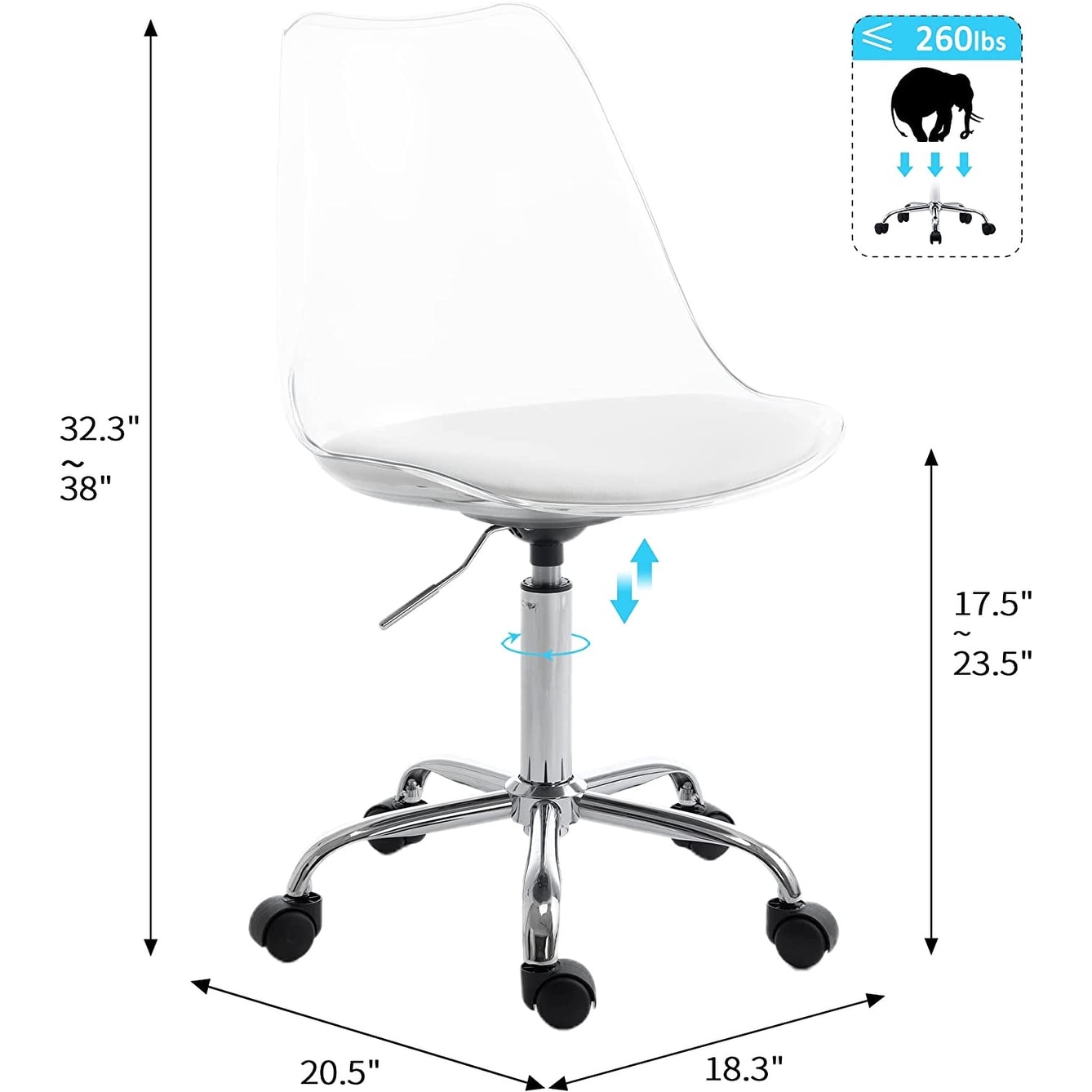Chaise de bureau à roulettes sans accoudoirs, réglable en hauteur, en acrylique pivotant