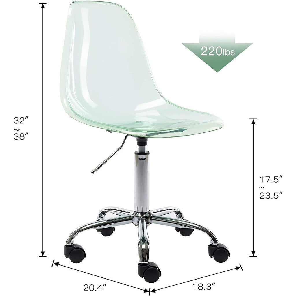 Chaise de bureau à roulettes sans accoudoirs, réglable en hauteur, en acrylique pivotant