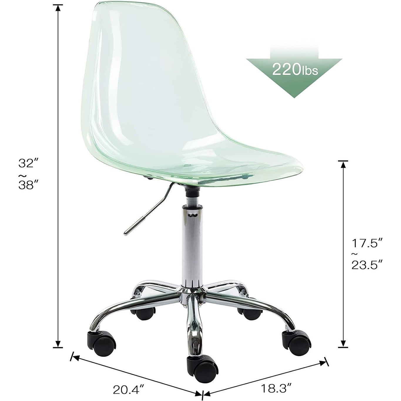 Chaise de bureau à roulettes sans accoudoirs, réglable en hauteur, en acrylique pivotant