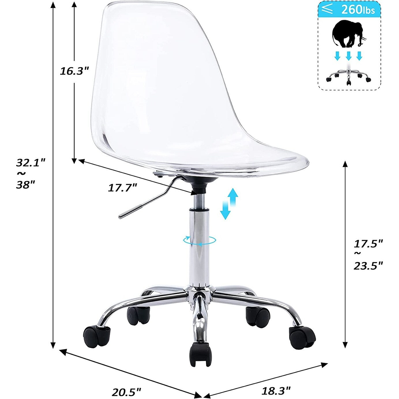 Chaise de bureau à roulettes sans accoudoirs, réglable en hauteur, en acrylique pivotant