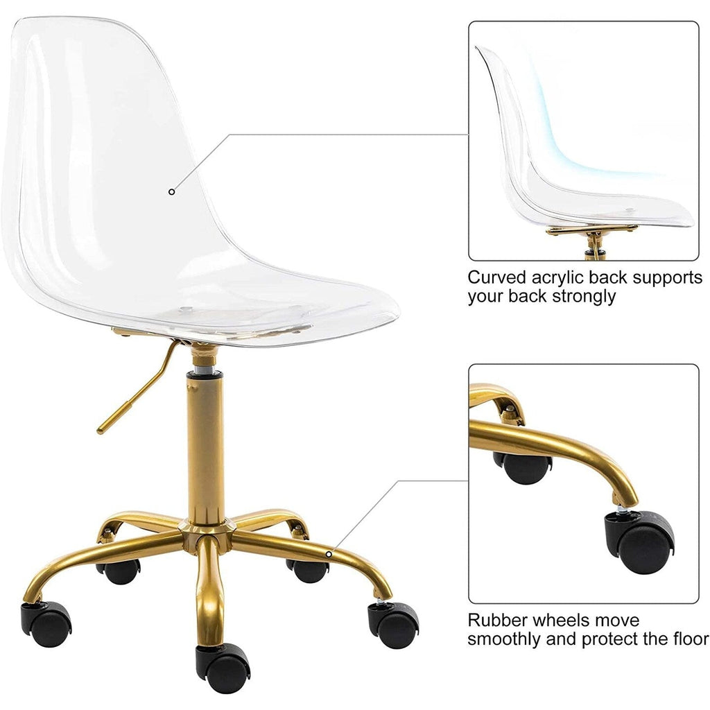 Chaise de bureau à roulettes sans accoudoirs, réglable en hauteur, en acrylique pivotant