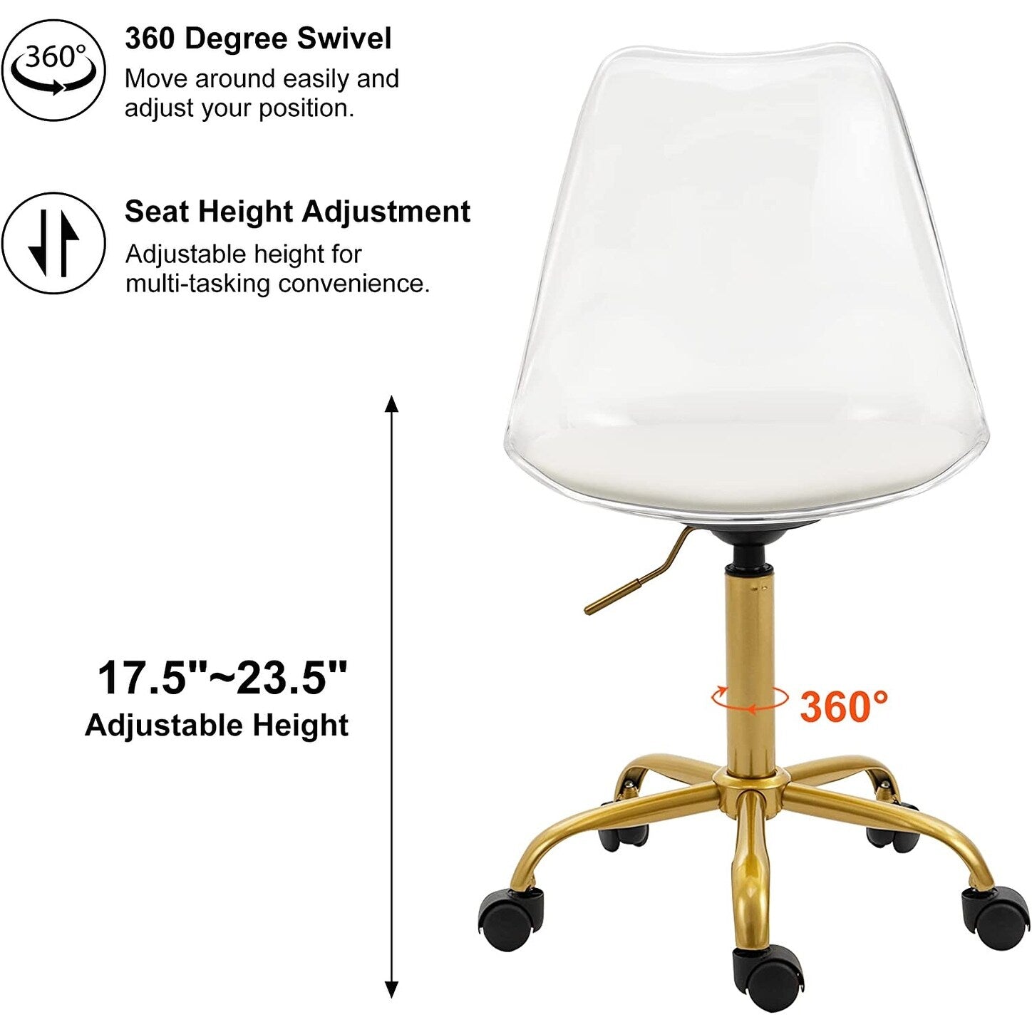Chaise de bureau à roulettes sans accoudoirs, réglable en hauteur, en acrylique pivotant