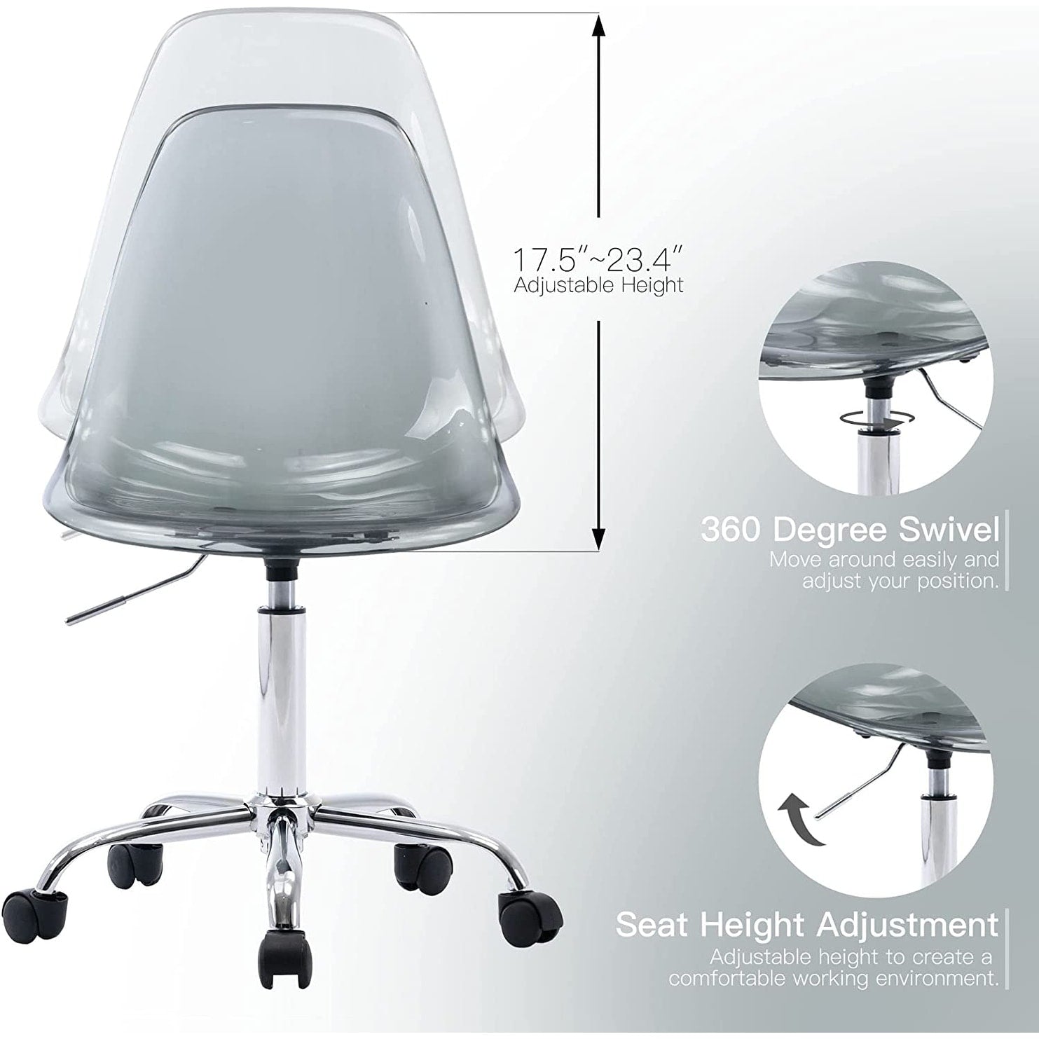 Chaise de bureau à roulettes sans accoudoirs, réglable en hauteur, en acrylique pivotant