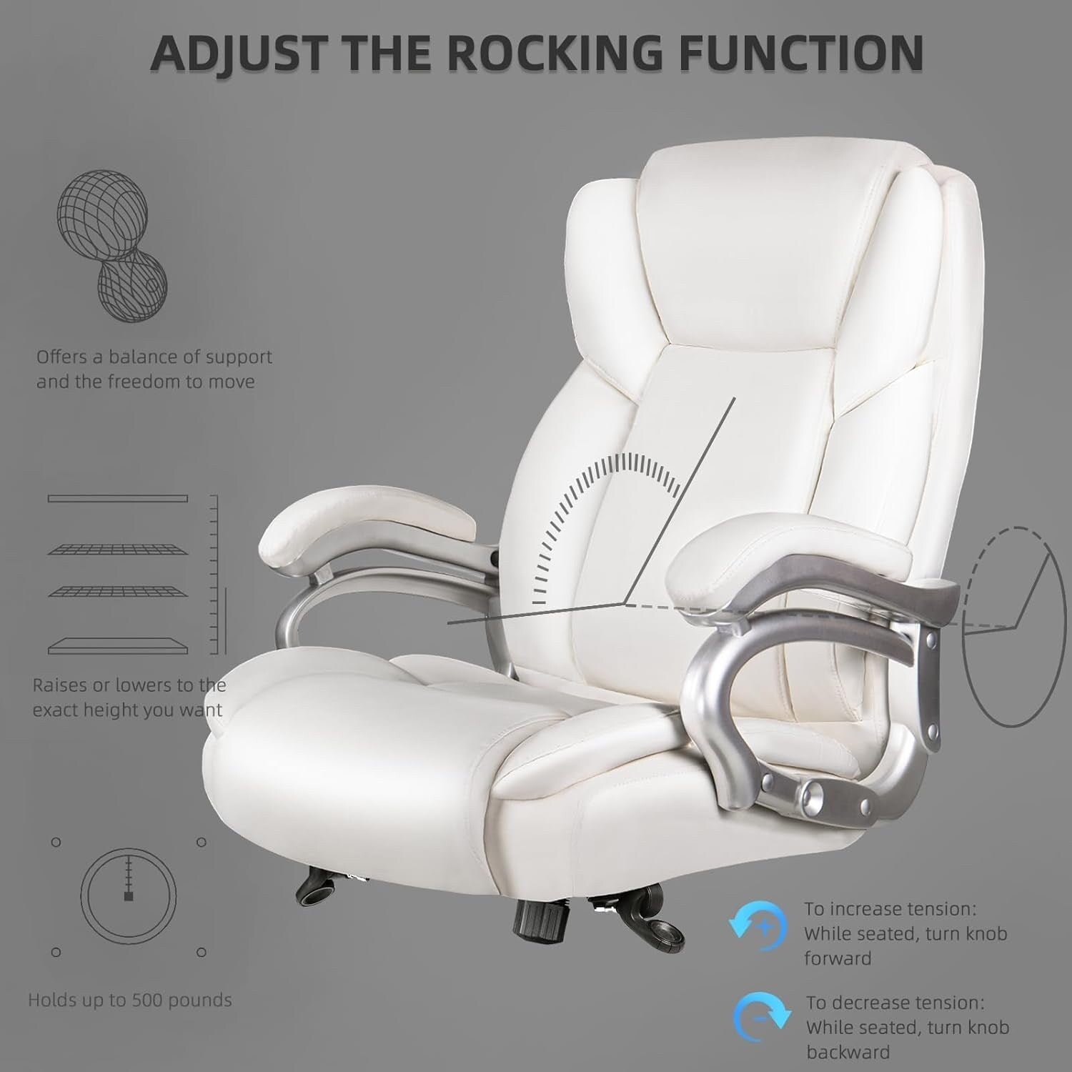 Chaise de bureau de direction Bossin grande taille et forte, 500 lb, avec support lombaire réglable, chaise ergonomique en cuir PU à dossier haut pour ordinateur