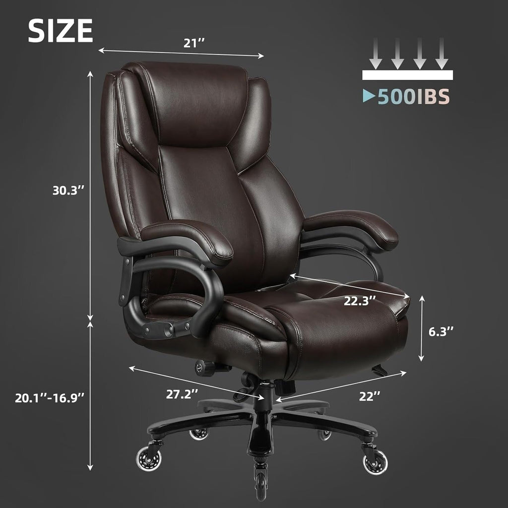 Chaise de bureau de direction Bossin grande taille et forte, 500 lb, avec support lombaire réglable, chaise ergonomique en cuir PU à dossier haut pour ordinateur