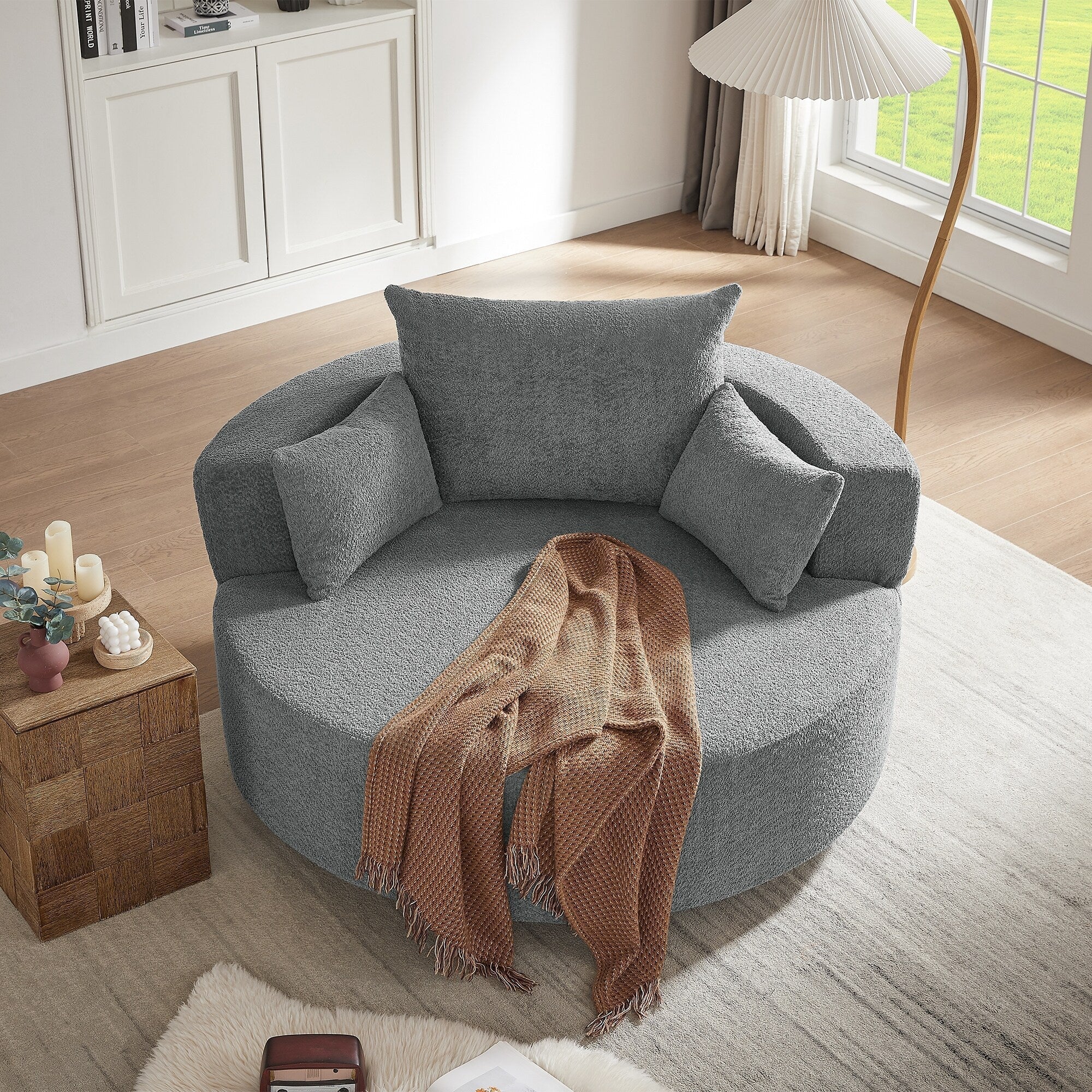 Fauteuil baril accent en chenille, Fauteuil de salon, Fauteuil rond avec base pivotante à 360 degrés et 3 coussins amovibles
