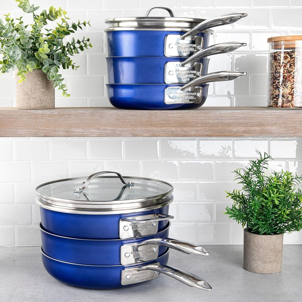Batterie de cuisine antiadhésive Granitestone Blue Stackmaster 15 pièces avec couvercles en verre