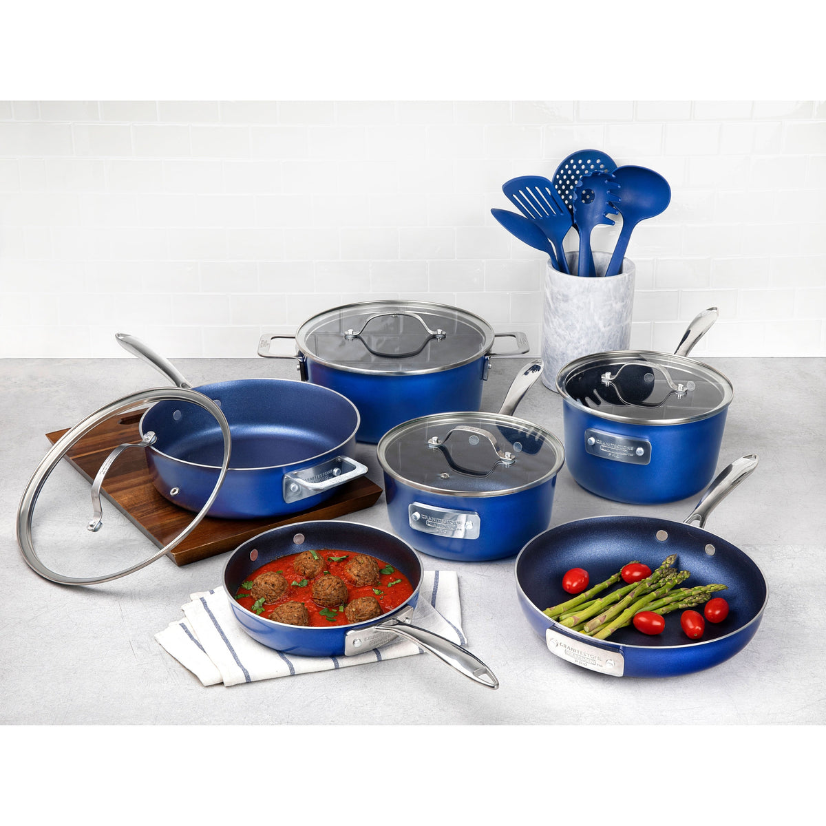 Batterie de cuisine antiadhésive Granitestone Blue Stackmaster 15 pièces avec couvercles en verre