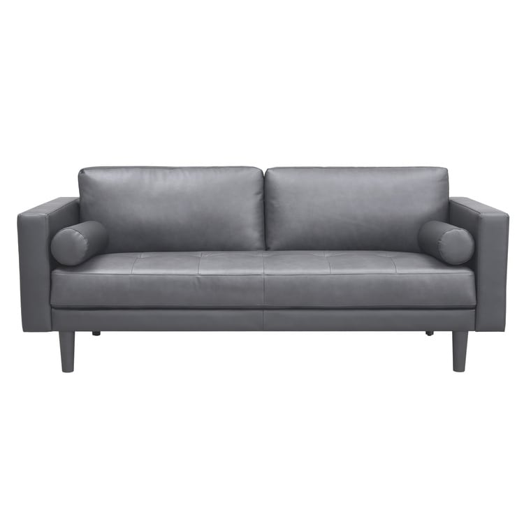 Canapé moderne en cuir véritable avec pieds en bois et coussin traversin supplémentaire