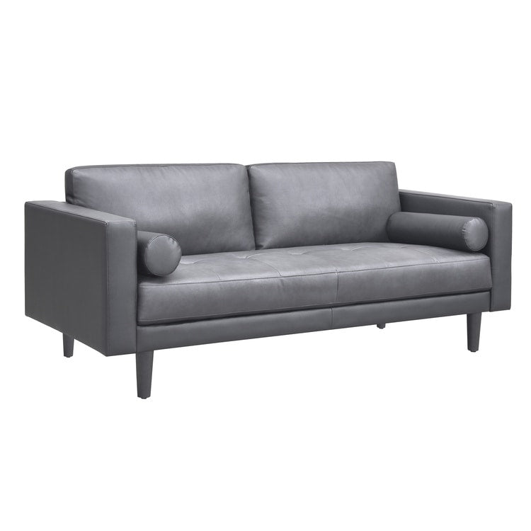 Canapé moderne en cuir véritable avec pieds en bois et coussin traversin supplémentaire