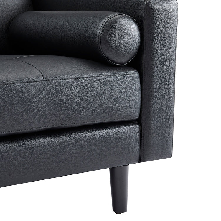 Canapé moderne en cuir véritable avec pieds en bois et coussin traversin supplémentaire