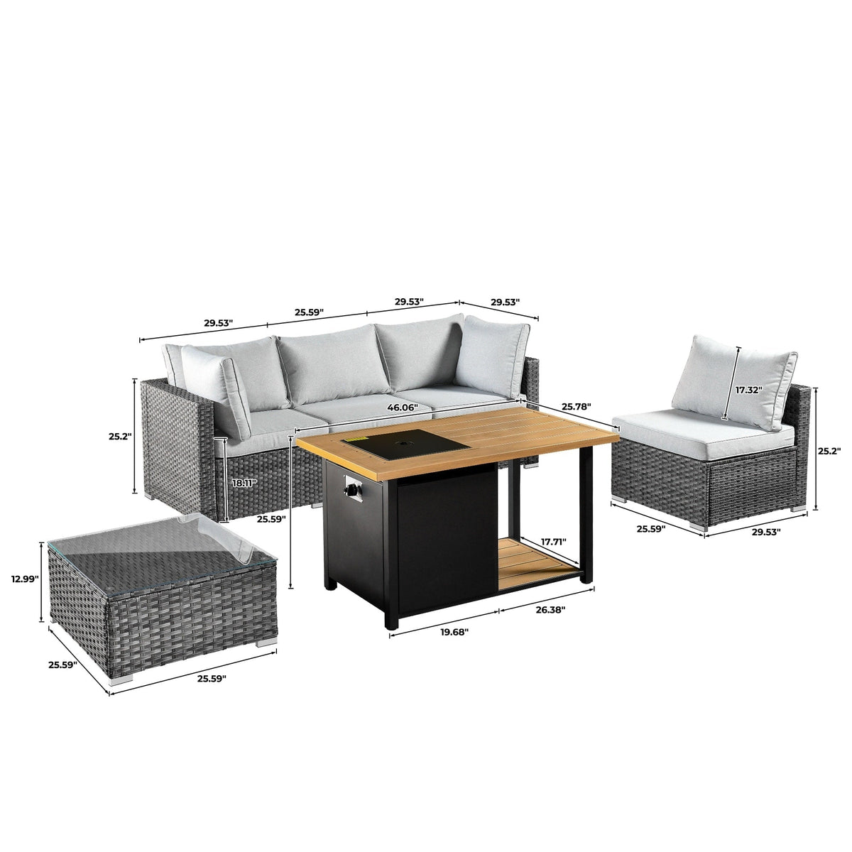 OVIOS Ensemble de 11 pièces de canapé sectionnel en osier avec fauteuils pivotants et foyer