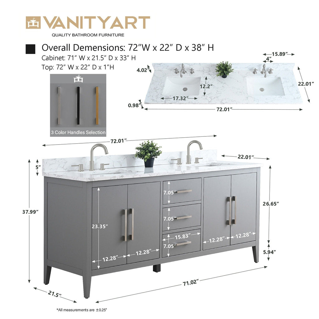 Meuble-lavabo de salle de bain Vanity Art 72 po à double vasque avec dessus en marbre reconstitué