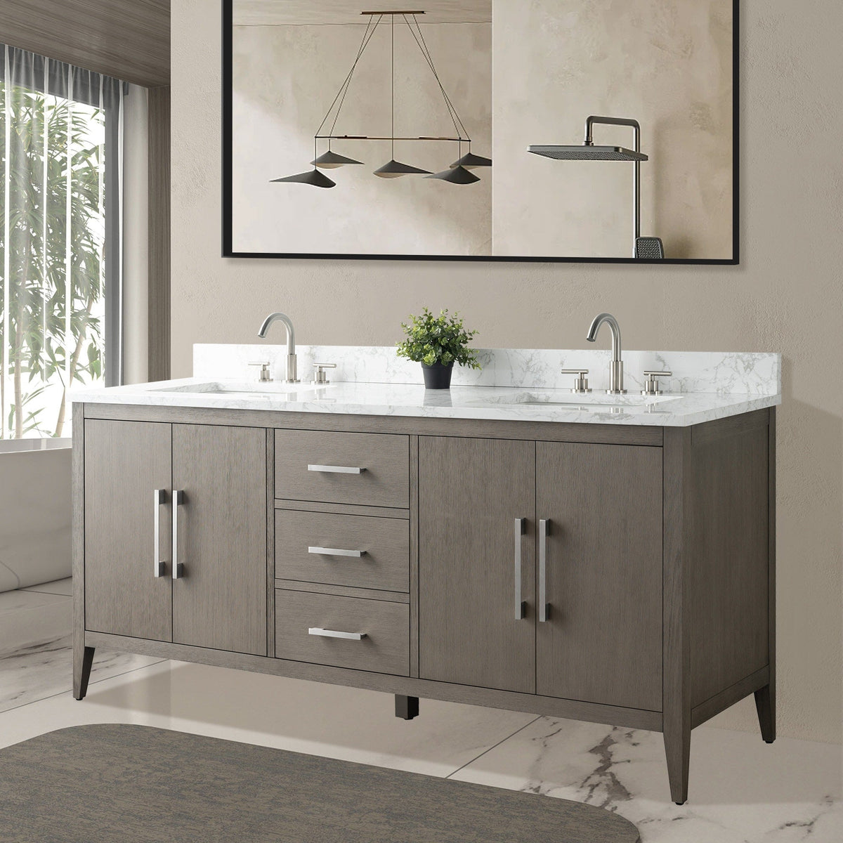 Meuble-lavabo de salle de bain Vanity Art 72 po à double vasque avec dessus en marbre reconstitué