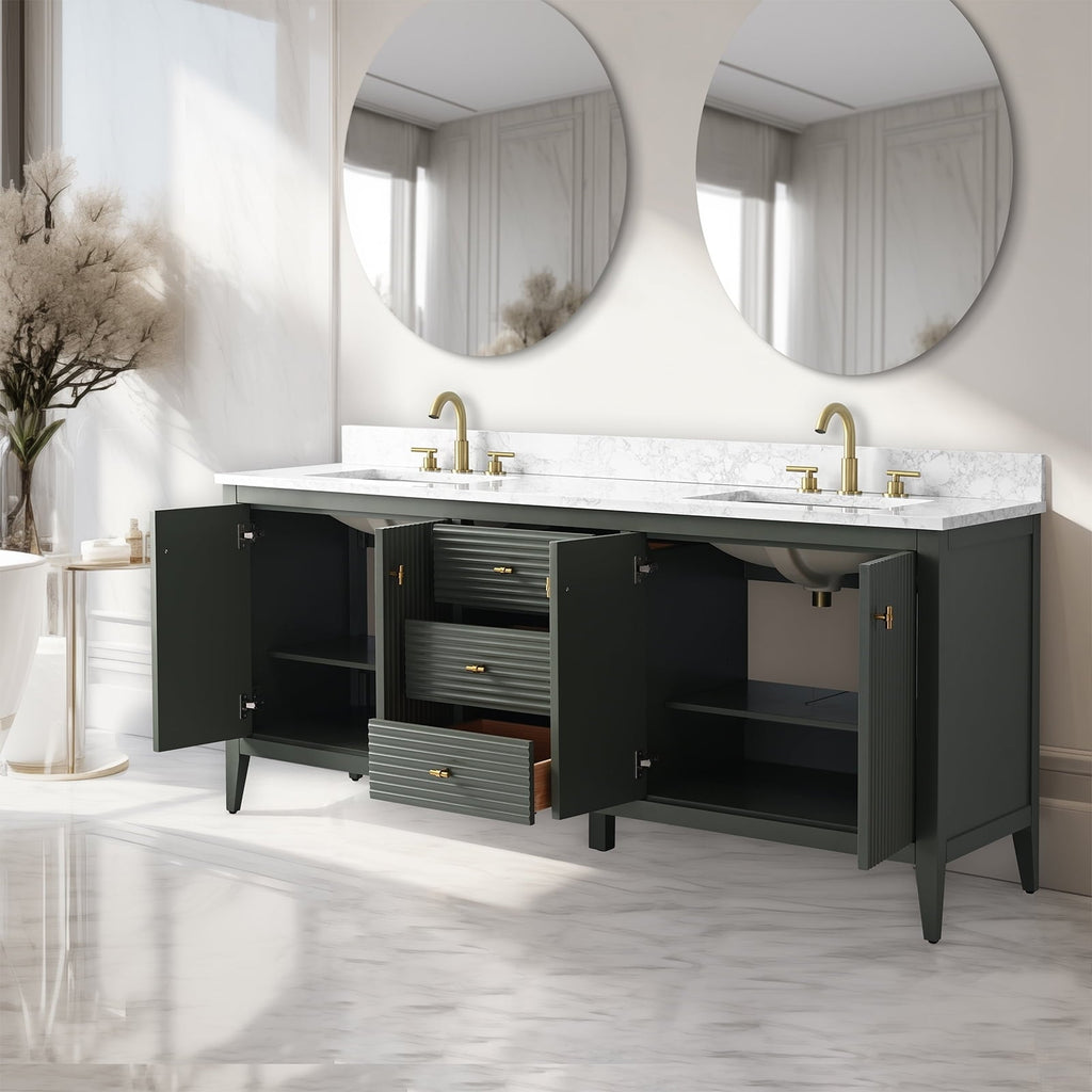 Meuble-lavabo de salle de bain Vanity Art 72 po à double vasque avec dessus en marbre reconstitué