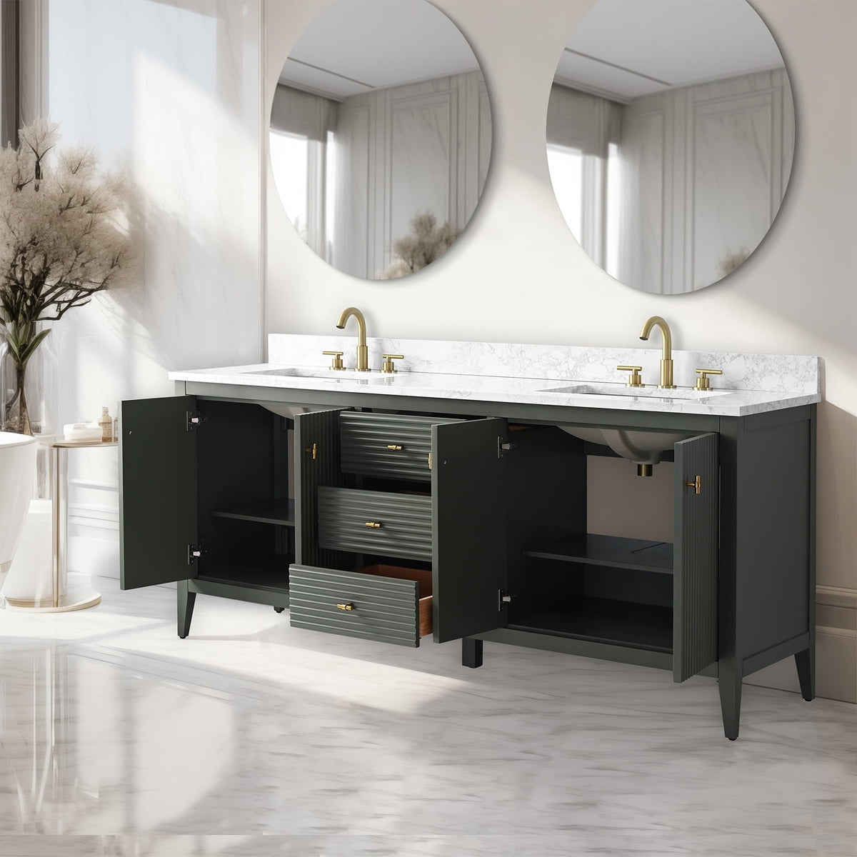 Meuble-lavabo de salle de bain Vanity Art 72 po à double vasque avec dessus en marbre reconstitué