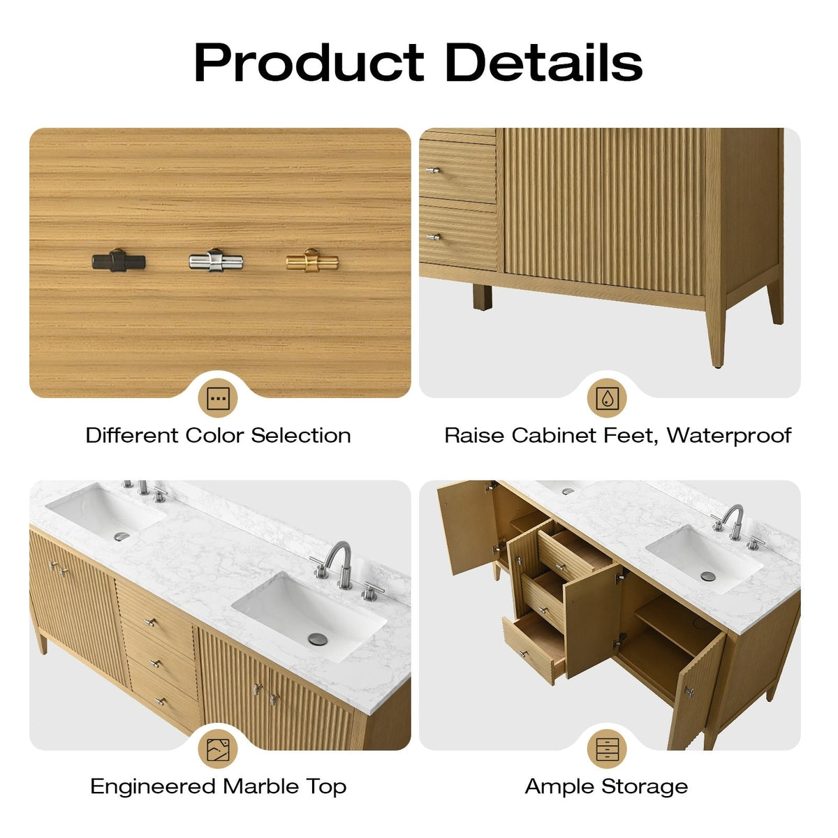 Meuble-lavabo de salle de bain Vanity Art 72 po à double vasque avec dessus en marbre reconstitué