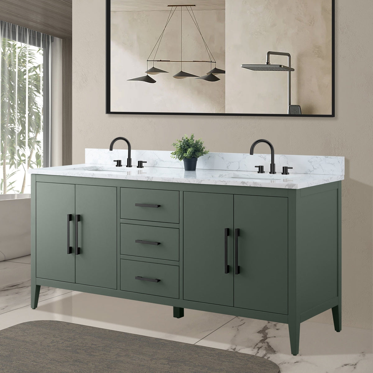 Meuble-lavabo de salle de bain Vanity Art 72 po à double vasque avec dessus en marbre reconstitué