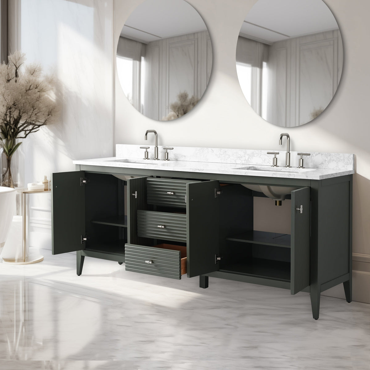 Meuble-lavabo de salle de bain Vanity Art 72 po à double vasque avec dessus en marbre reconstitué