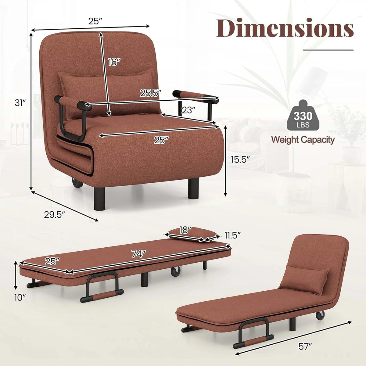 Chaise Longue Pliante Convertible en Lit Canapé avec Dossier Réglable