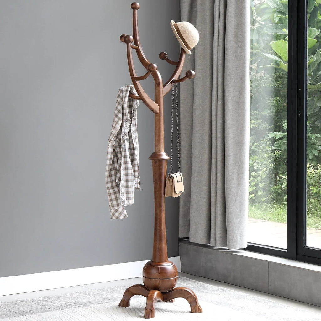 Porte-manteau sur pied en bois d'hévéa à motif de branches d'arbre avec 8 crochets - 24,5 l x 70,87 h