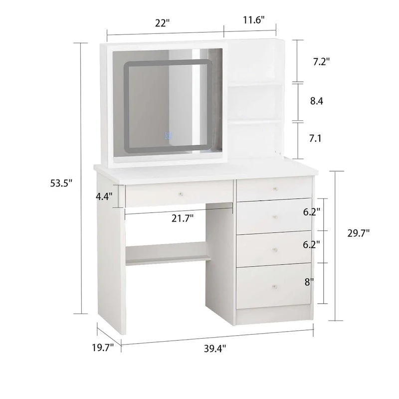 Coiffeuse Blanche avec Miroir LED et Tabouret - 100 cm de Large