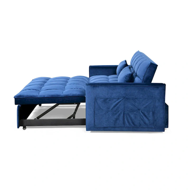 Causeuse futon moderne en velours avec dossier inclinable et poches, 2 places — Gris foncé / Gris clair / Bleu / Noir