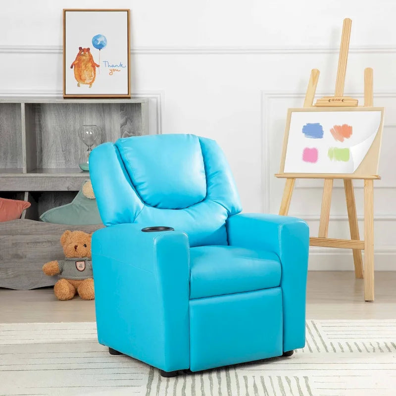 Fauteuil inclinable pour enfants en PVC avec fonction d'inclinaison par poussée, porte-gobelet et repose-pieds confortable