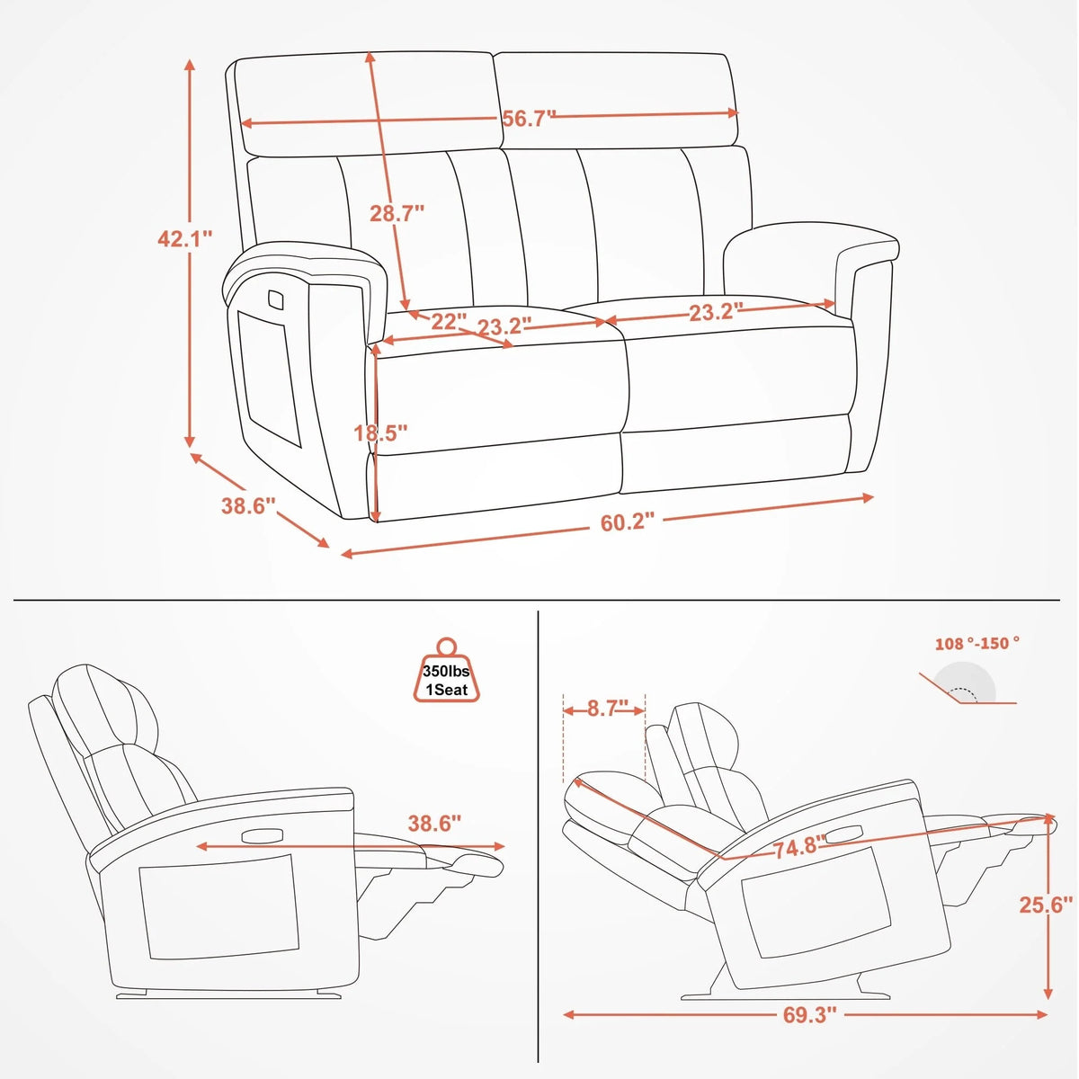 Canapé inclinable électrique MCombo 60,2 po avec massage et double chauffage, appuie-tête réglable, ports USB et Type C, tissu