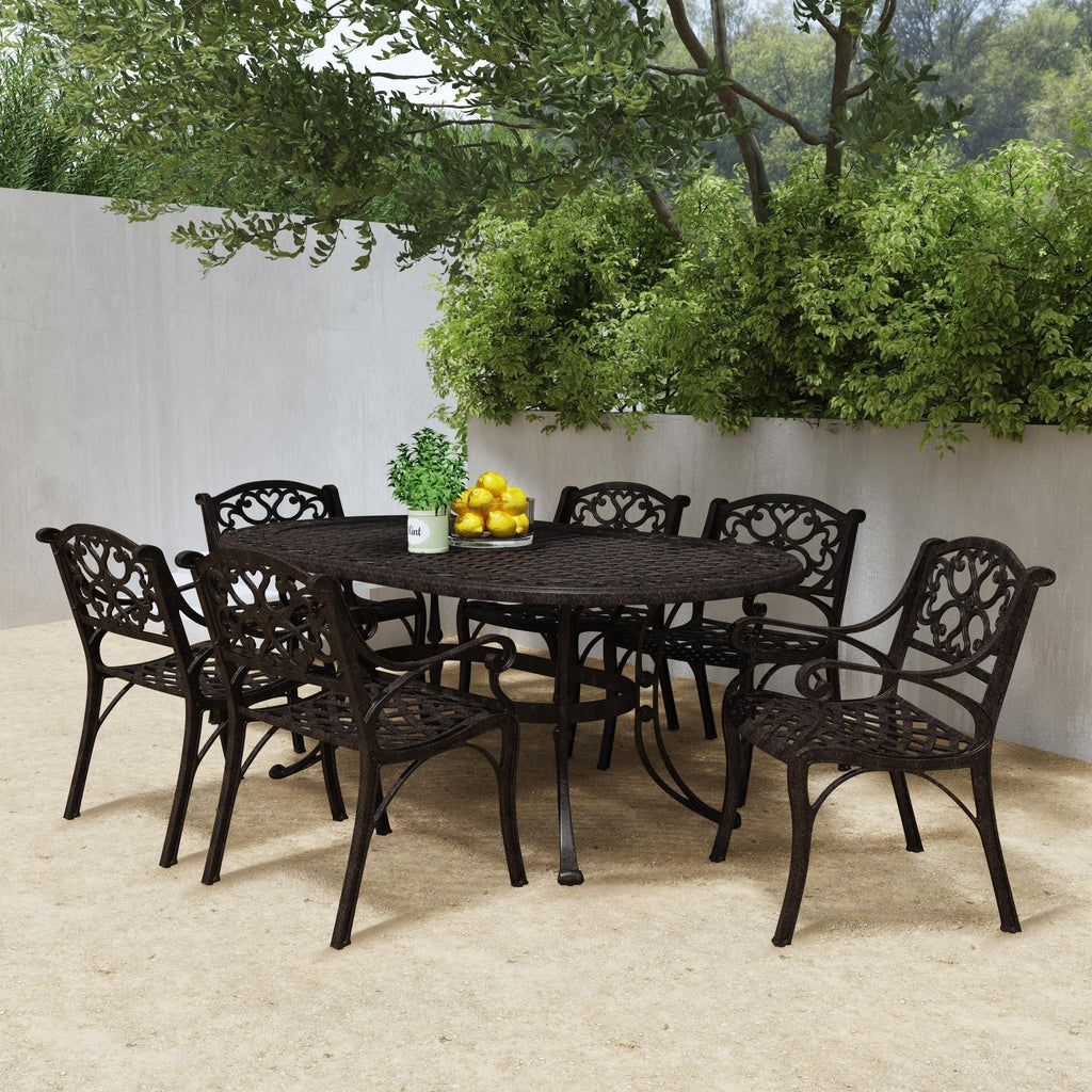 Ensemble de salle à manger d'extérieur 7 pièces en aluminium bronze Sanibel avec table à manger ovale de 72 et six fauteuils par Homestyles