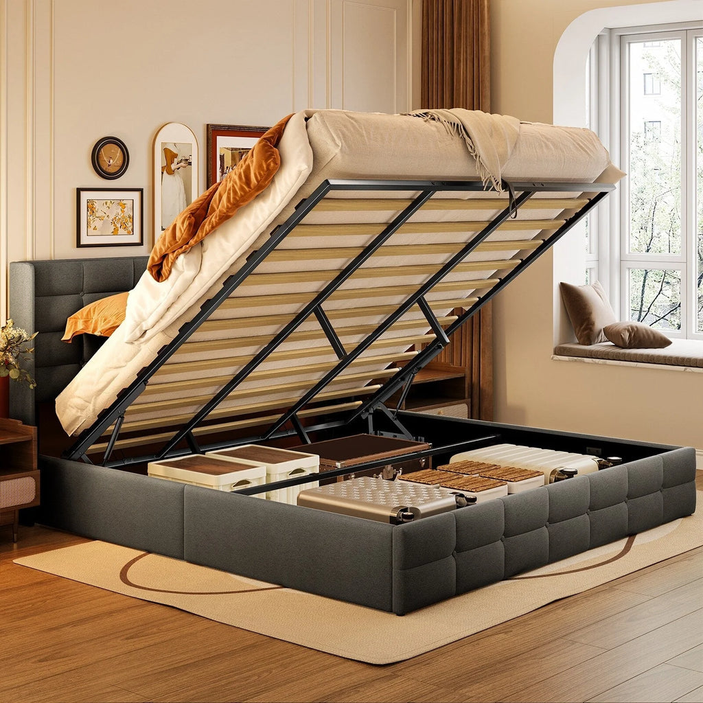 Cadre de lit relevable, sommier tapissier avec système de rangement hydraulique et tête de lit