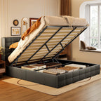 Cadre de lit relevable, sommier tapissier avec système de rangement hydraulique et tête de lit
