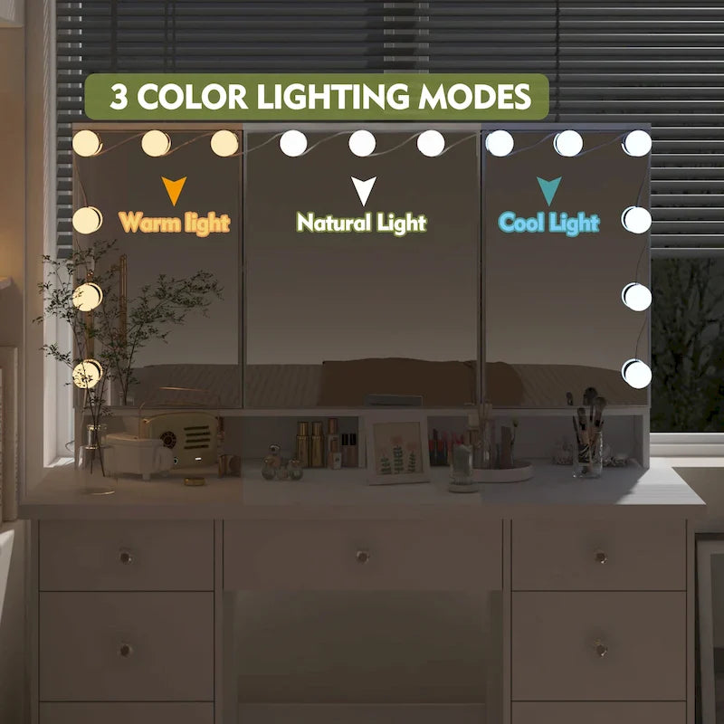 Coiffeuse LED de luxe avec 9 tiroirs, station de maquillage élégante