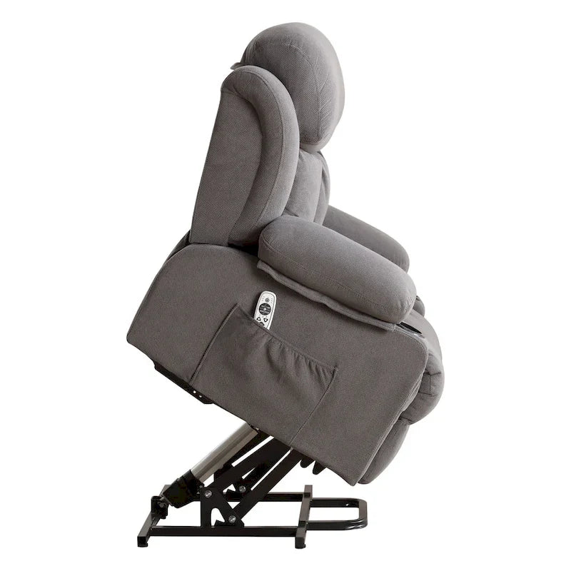 Fauteuil inclinable électrique gris avec massage chauffant, chargement USB, télécommande et poches latérales pratiques pour les personnes âgées