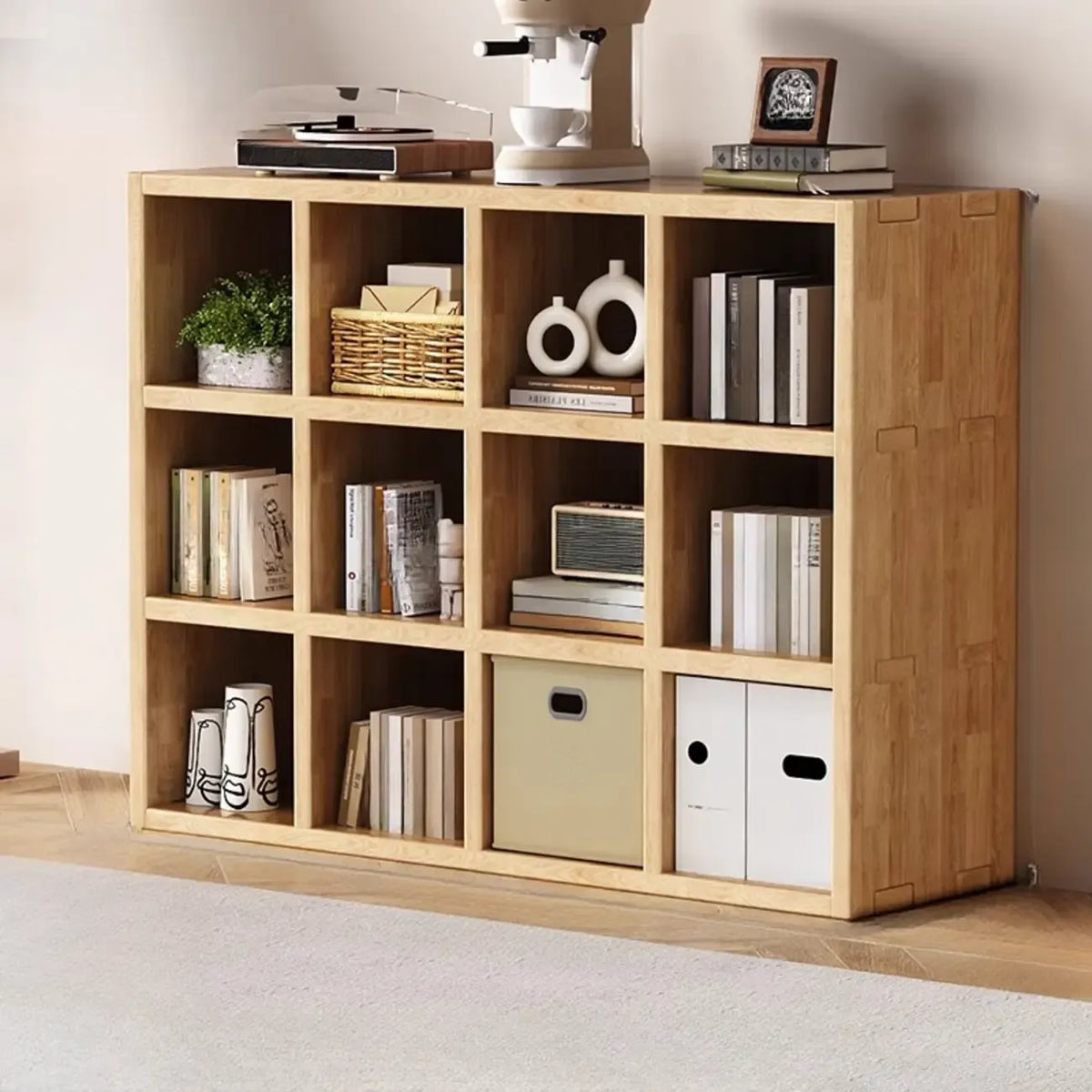 Bibliothèque moderne horizontale en bois à 8 cubes, finition naturelle