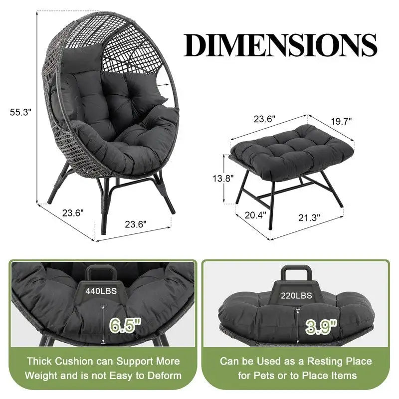 FINCATI Fauteuil Œuf d'intérieur, Fauteuil Œuf d'extérieur 200 kg, Fauteuil Œuf surdimensionné avec pouf, Fauteuil Œuf de luxe confortable avec repose-pieds